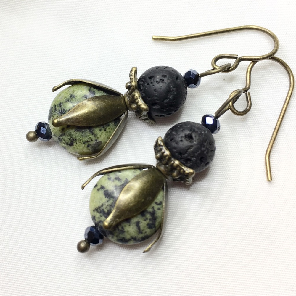 Jasper & Vesuvianite Antique Bronze Earrings